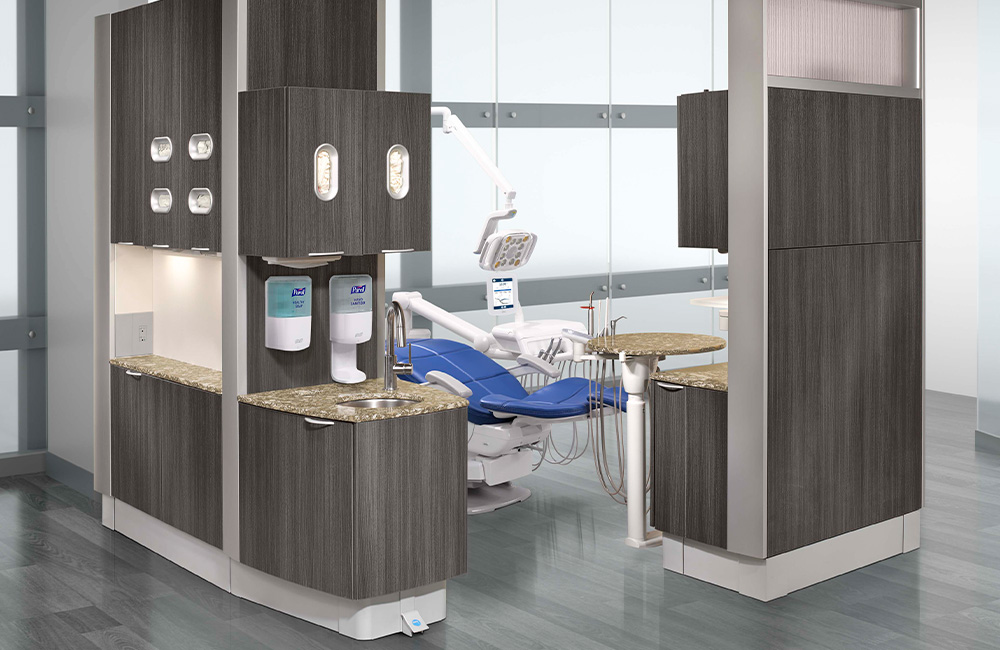 Dental operatory with A-dec 500 dental chair in Pacific upholstery