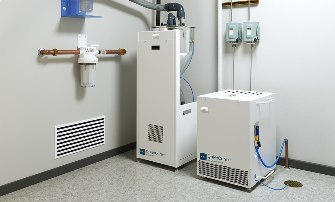 QuietCore+ dental vacuum and dental air compressor inside a mechanical room